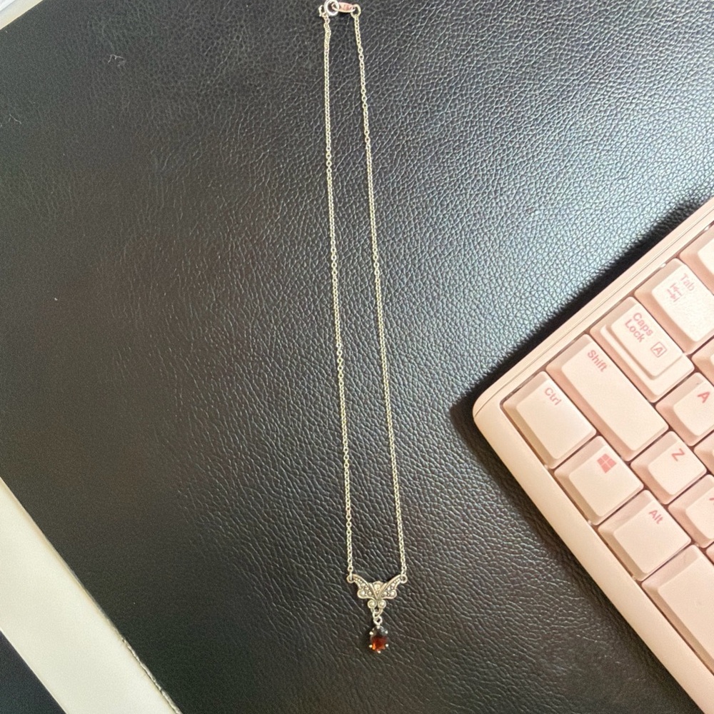 Avon Silver Butterfly Pendant Necklace with Garnet Accent